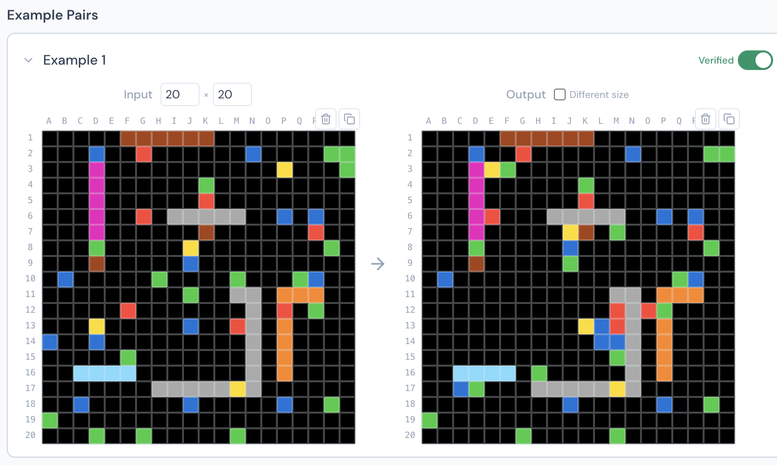 ARC-AGI evaluation task showing input-output grid pattern pairs for reasoning assessment