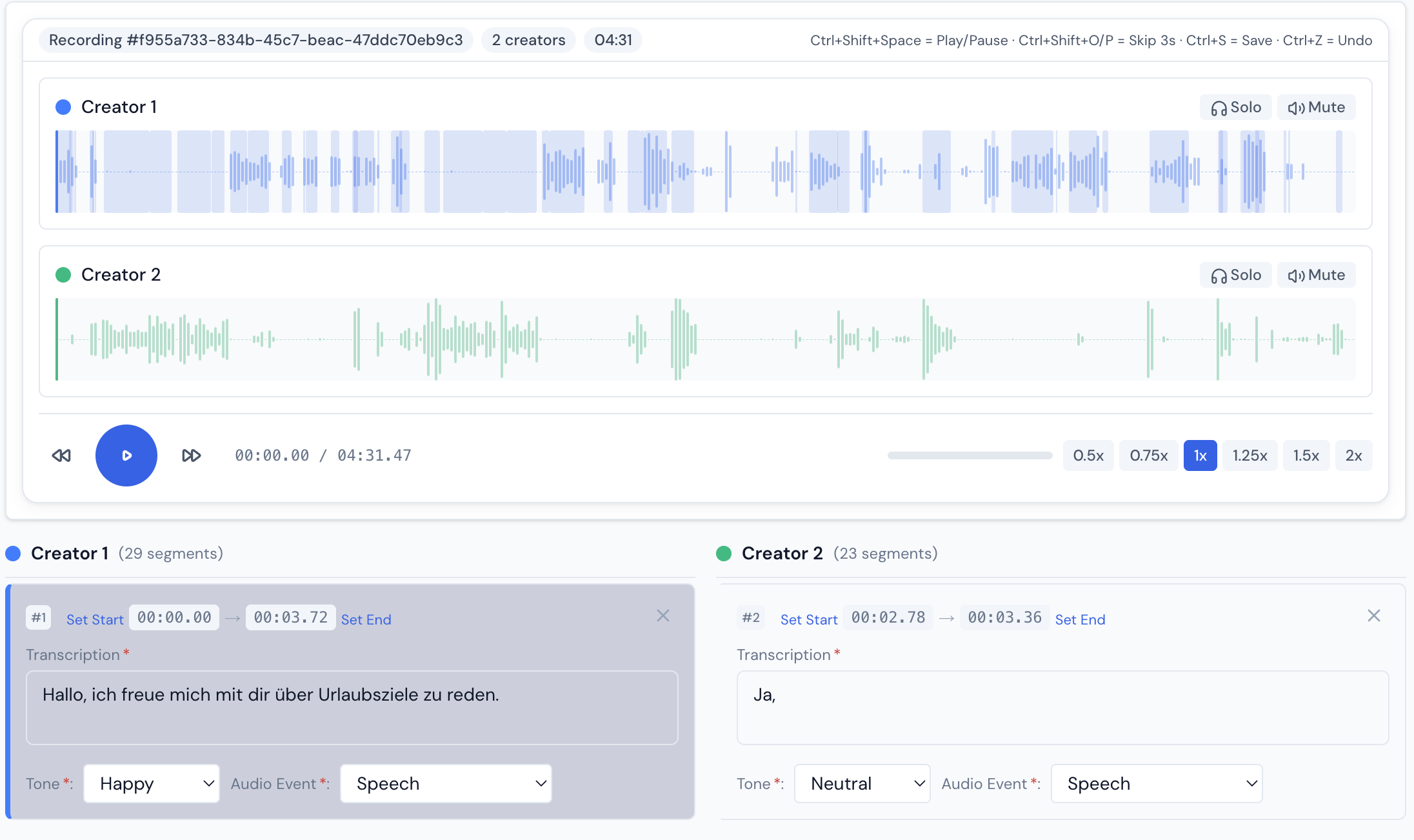 Audio annotation interface showing waveform analysis and German transcription with tone and event classification